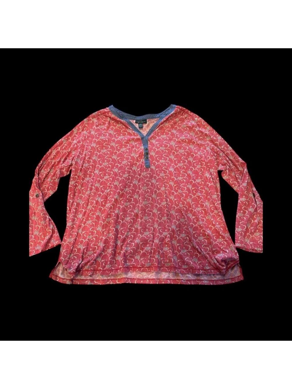 Ralph Lauren Womens Red Floral Henley Tunic Long Sleeve Roll Tab Denim Trim